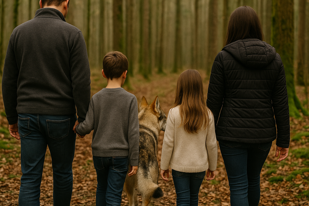 Le chien loup en promenade avec sa famille en forêt